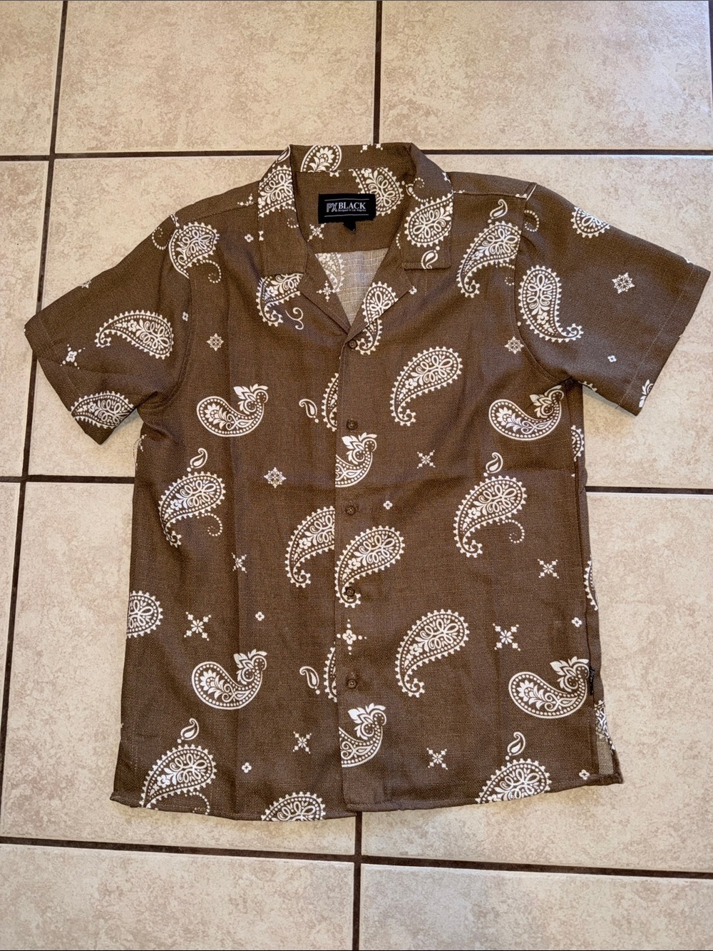 Black Brown Paisley Short-Sleeve Button-Down Shirt by Black